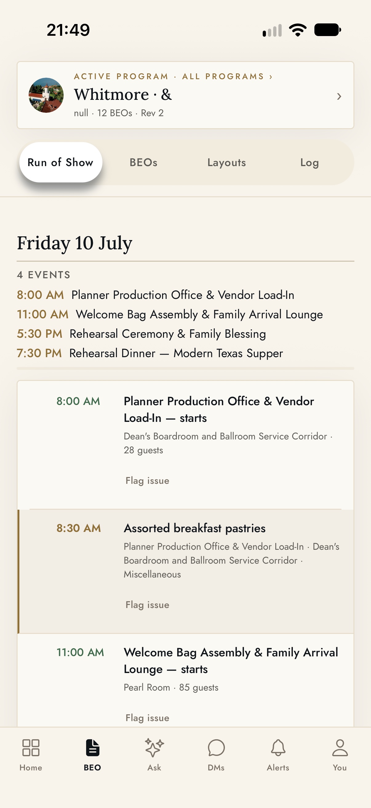 Actual loomapro app: Run of Show timeline