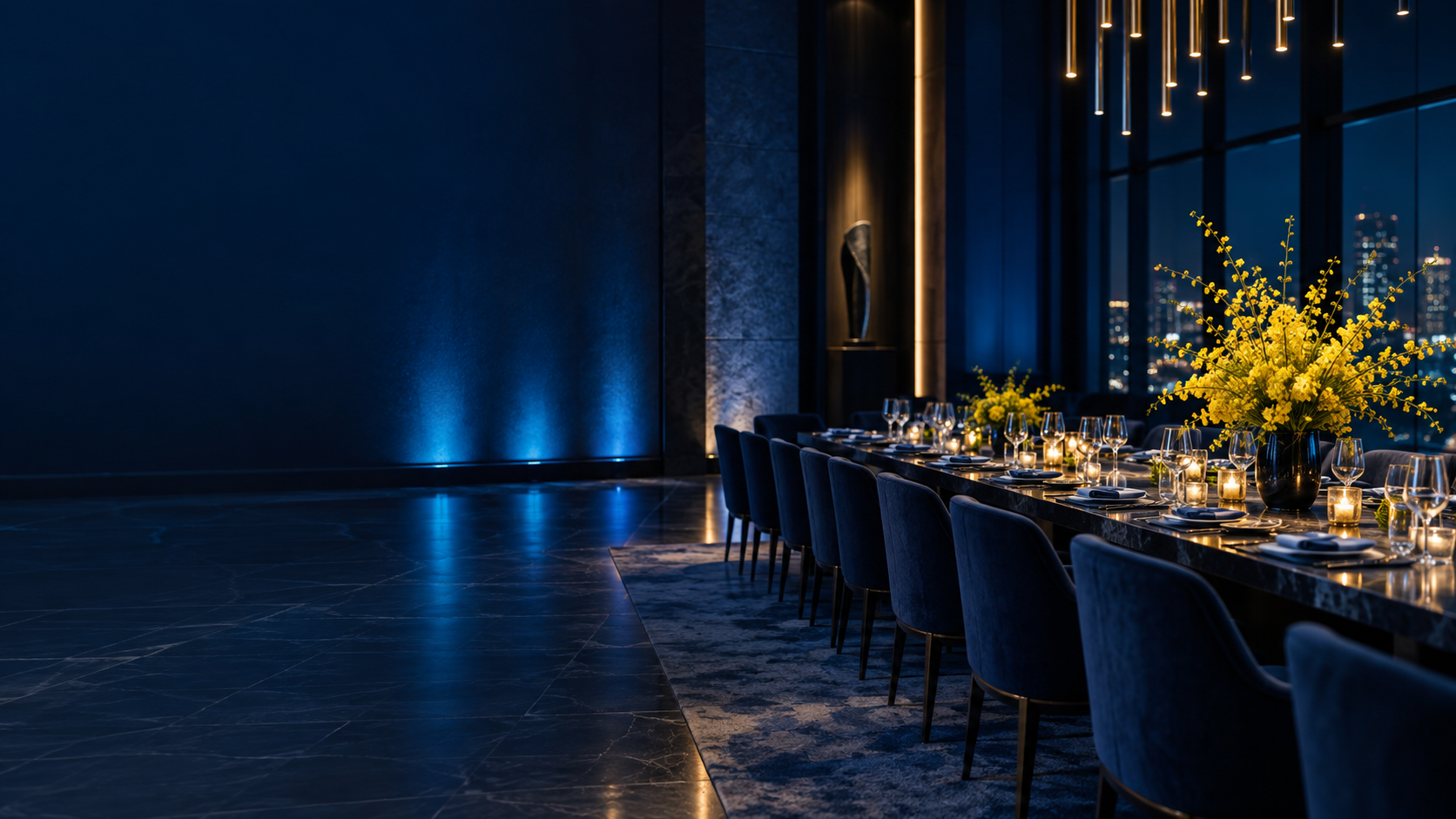 Hotel banquet room prepared for an evening event